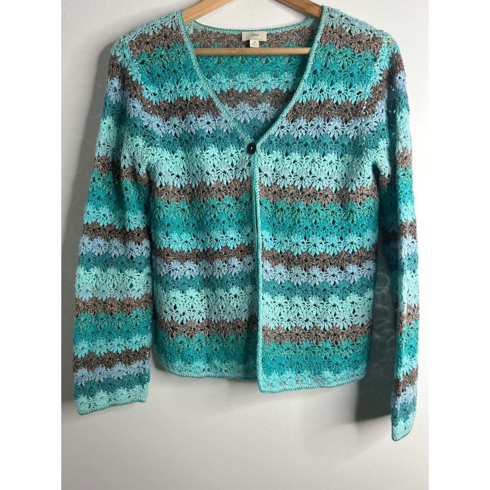 VTG J Jill Hand Crochet Cardigan Sweater Teal Blue Brown StripeSz XS Cottagecore